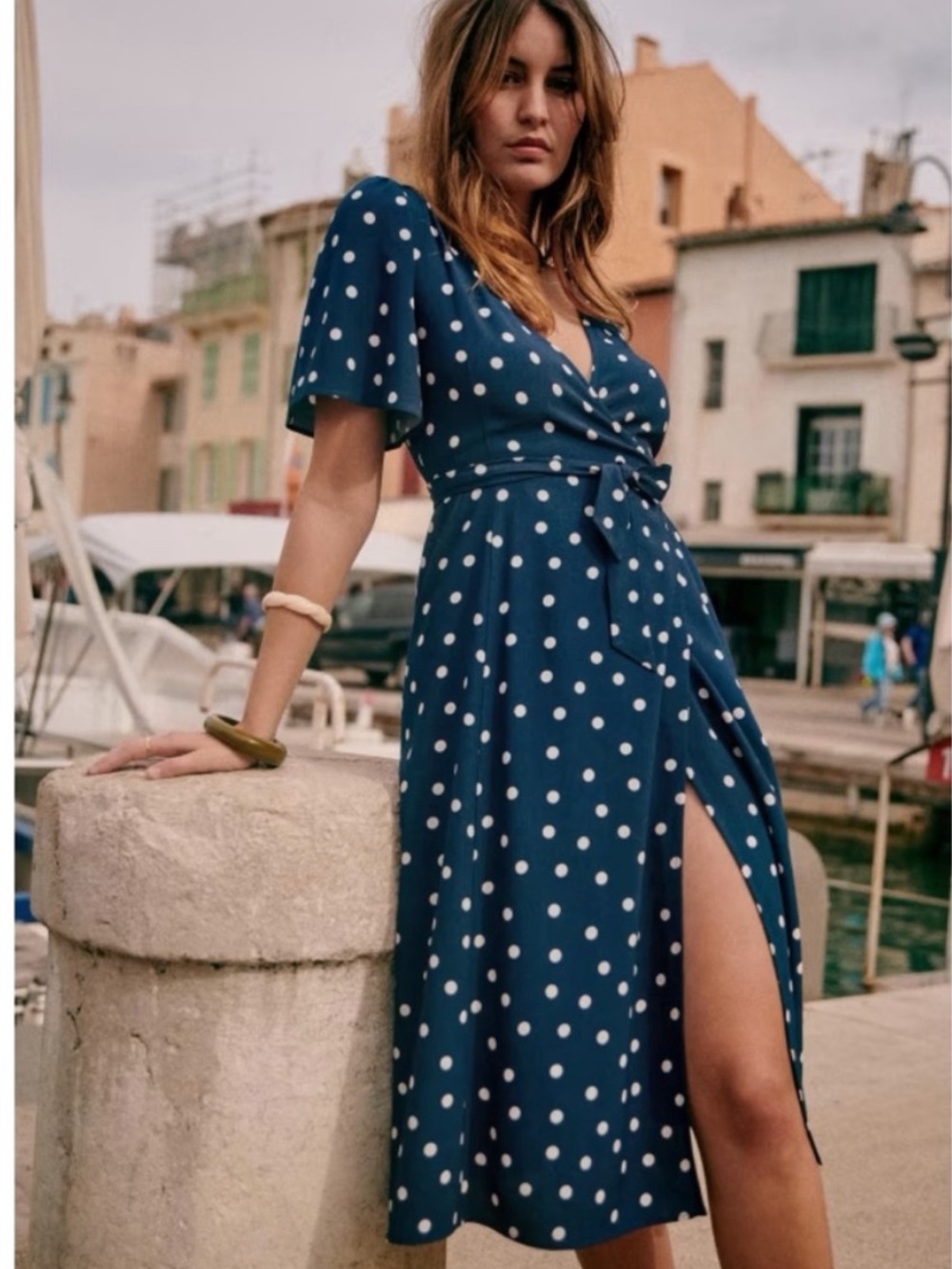 Sezane Sarah Polka Dot V-Neck Wrap Midi Dress Navy Blue FR 36 / US 4